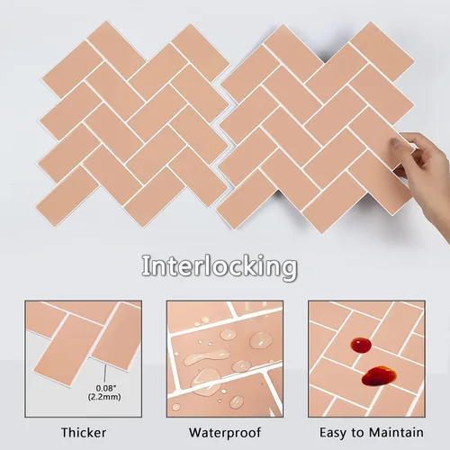 Vista 5 de Azulejo de Espiga Rosa Coral Despegar y Pegar para Salpicadero, Azulejo Autoadhesivo Removible Chevron para Pared para Cocina Baño