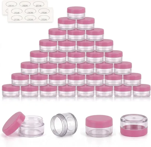 Vista 15 de Contenedores de cosméticos con tapas, tarros de loción de plástico, tarros para muestras, con tapa rosa, 0.2 oz, 25 unidades, Tarro de 3 gramos.