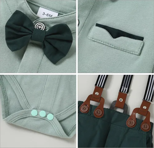 Vista 5 de SOLOYEE Ropa para bebé niño trajes de caballero para bebés, vestido de manga larga, pantalones con tirantes, corbatín, boina, sombrero de boina