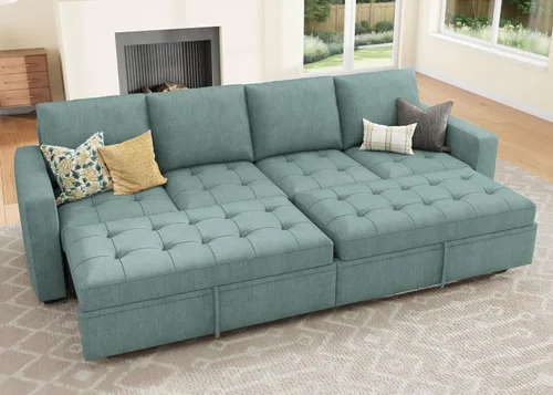 Vista 12 de HONBAY Sofá cama modular modular con cama extraíble, sofá en forma de L con asiento de almacenamiento, sofás seccionales para sala de estar, beige