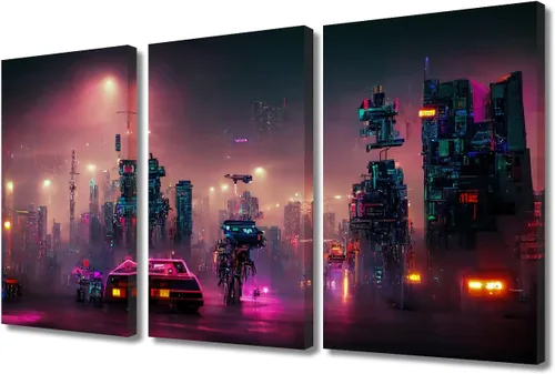 Vista 64 de Arte de pared de 3 piezas de escena de ciencia ficción de la calle comercial futurista paisaje urbano, decoración de pared para dormitorio