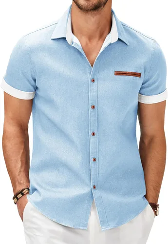 Vista 10 de COOFANDY Camisas casuales de manga corta de algodón con botones para hombre Verde militar