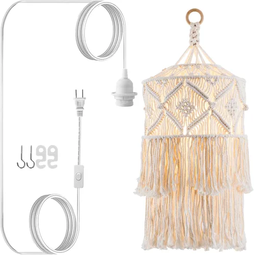 Vista 10 de Lámpara colgante bohemia enchufable con pantalla de macramé, lámpara colgante con cable de enchufe, interruptor de encendido/apagado, lámparas