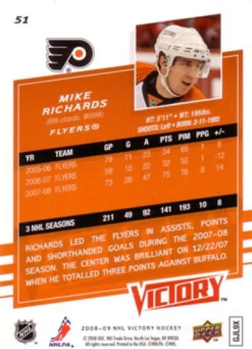 Vista 2 de 2008-09 Upper Deck Victory Hockey #51 Mike Richards Philadelphia Flyers Official NHL Trading Card (Stock Photo Shown, Near Mint or Better Condition)