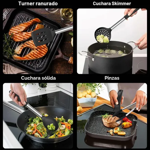 Vista 4 de E-far Juego de utensilios de cocina de silicona, 7 piezas de utensilios de cocina resistentes al calor con mango de acero inoxidable, espátula