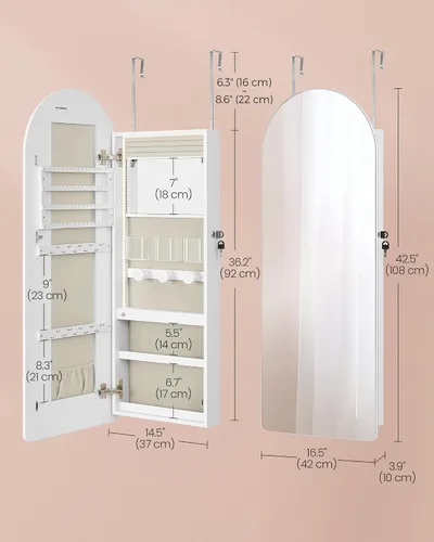 Vista 5 de SONGMICS Organizador ancho de joyas, armario LED para joyas montado en la pared/puerta, espejo arqueado con almacenamiento, con cerradura, esquina