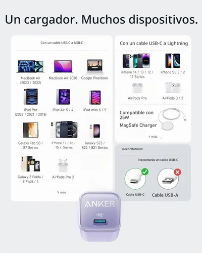 Vista 6 de Bloque de Carga USB C Anker Nano, Cargador Plegable de 30 W PIQ 3.0 de Carga Rápida para iPhone Serie 17/16, Galaxy, iPad, Compatible con MagSafe
