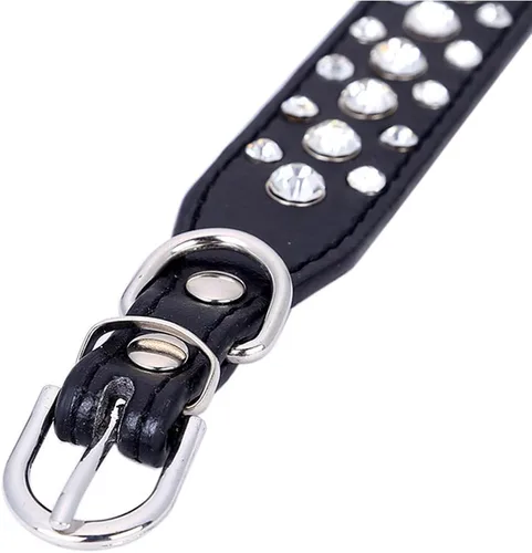 Vista 5 de Dogs Kingdom Collares de cuero con diamantes de imitación personalizados de 10 a 24 pulgadas de longitud, para razas pequeñas y medianas, color Negro