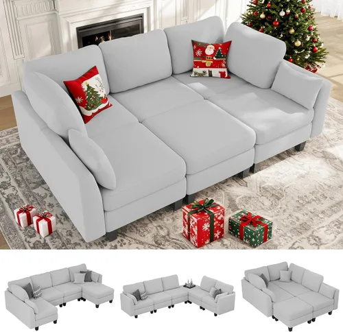 Vista 9 de Sofá seccional con sofá cama, sofá modular de 6 plazas, cómodos sofás seccionales convertibles, sofás convertibles con otomanos, sofás seccionales