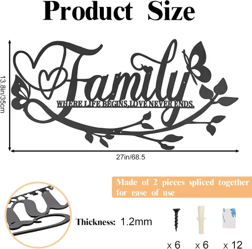 Vista 2 de AUHOKY Family Where Life Begins Love Never Ends - Letrero de metal para pared, 27 x 14 pulgadas, gran placa de hierro negro para pared, decoración