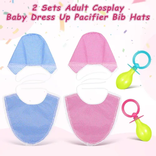 Vista 8 de 2 juegos de disfraz de bebé adulto para hombres y mujeres, accesorios de disfraz de bebé grande con chupete gigante, sombrero y babero, regalos