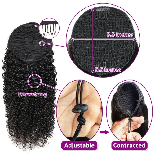 Vista 4 de Adette Colas de caballo rizadas de 12 pulgadas, extensiones de cabello humano con cordón, extensiones de cabello rizado con clip en cola de caballo