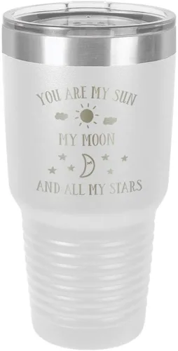 Vista 22 de Taza de viaje grabada con grabado en polvo de acero grabado con láser, con texto en inglés "You are MY SUN MY MOON AND ALL MY STARS", sin BPA