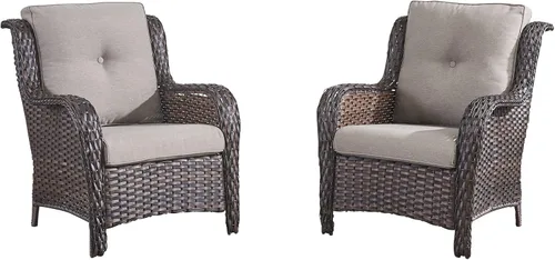 Vista 58 de HUMMUH Juego de 2 sillas de mimbre para patio, sillas de comedor de ratán de polietileno para exteriores, con cojines de asiento de 4 pulgadas