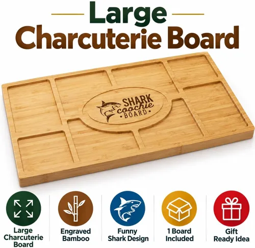 Vista 7 de Andaz Press Tabla grande de charcutería de tiburón divertido, regalo de tablero de charcutería de tiburón Coochie, bandeja de madera de bambú