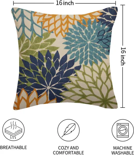 Vista 5 de Fundas de almohada azul marino verde 16x16 pulgadas, juego de 2 fundas de almohada rústicas, almohadas decorativas de aguamarina naranja floral