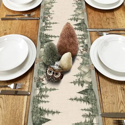 Vista 4 de Seliem Camino de mesa de bosque invernal con renos y pinos, decoración de Navidad con alces acuarela gorrión para la cocina del hogar, decoración