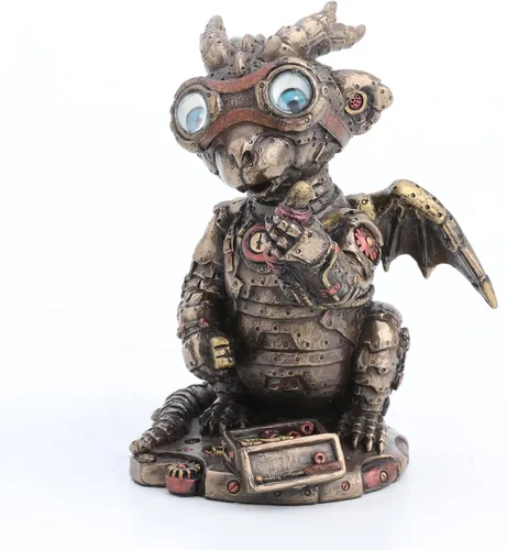 Vista 8 de Veronese Design Steampunk Dragon Tinkerer con gafas de engranaje mecánico Figura de resina acabado bronce