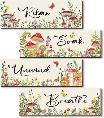 Vista 8 de 4 piezas de arte de pared floral de acuarela de hongos para decoración de baño, decoración de pared, para baño, mariposa, flores, pintura, ramo