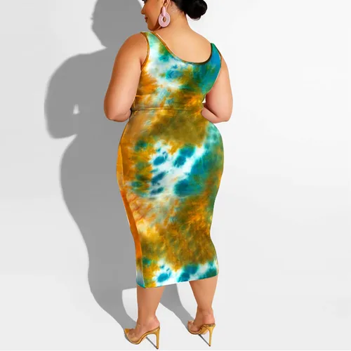 Vista 4 de Conjunto vestido a media pierna de 2 piezas de talla plus, conjunto de falda ajustada, top ajustado, estampado estilo hippy sin mangas