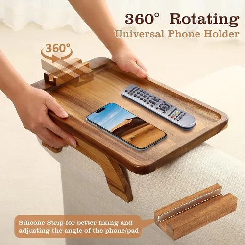 Vista 5 de Mesa de madera de acacia con reposabrazos, mesa de sofá para sala de estar, bandeja para reposabrazos de sofá con soporte giratorio para teléfono