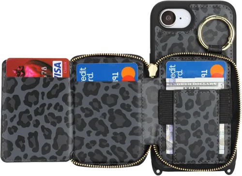 Vista 5 de Funda tipo cartera para iPhone 17e/16e, diseño de leopardo negro Funda de piel sintética con cremallera para bolso, funda con función atril