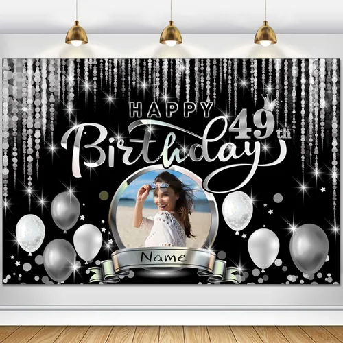 Vista 118 de Cartel de decoración de feliz cumpleaños número 100 personalizado - Personalización disponible - Negro y plateado - Tamaño grande - Admite fotos