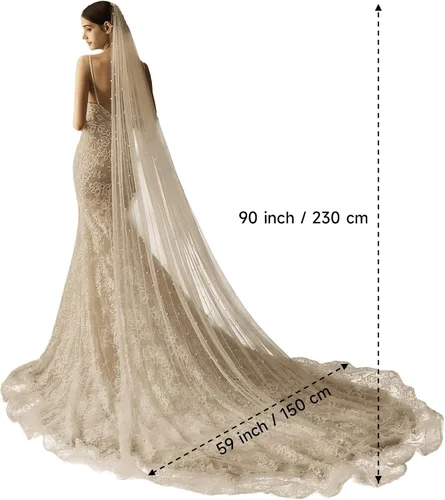 Vista 7 de AMBRE ADELE Cathedral Bridal Long Tulle Veil With Pearl, Wedding Veil for Brides