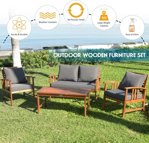 Vista 9 de Tangkula - Juego de muebles de madera de 4 piezas para patio o exteriores, banco, mesa y dos sillas, con cojines