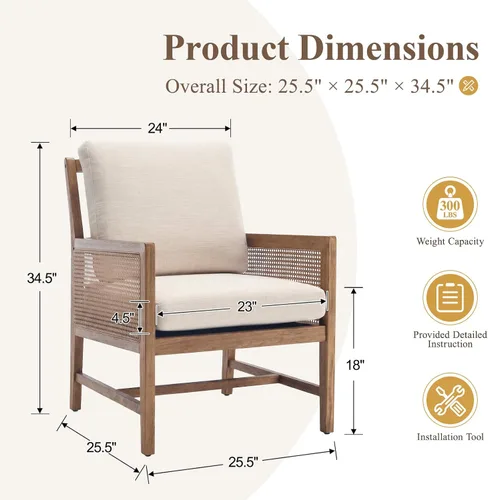 Vista 3 de chairus Silla decorativa moderna Mid-Century de madera maciza tapizada con reposabrazos de caña y respaldo de listones, cómoda silla de lectura