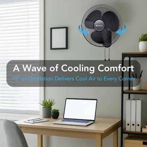 Vista 2 de COMFORT ZONE Ventilador oscilante de montaje en pared de 16 pulgadas con cadena de tracción, color negro