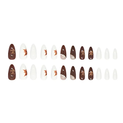 Vista 5 de 24 uñas postizas a presión de hoja de arce, uñas de almendra de longitud media, uñas postizas retro con hojas de otoño con diseño de Acción de Uñas