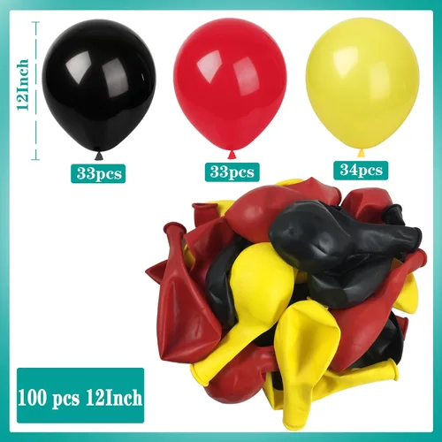 Vista 3 de KADBANER Globos de látex rojo, amarillo y negro, paquete de 100 unidades de 12 pulgadas para bodas, fiestas de cumpleaños, baby shower