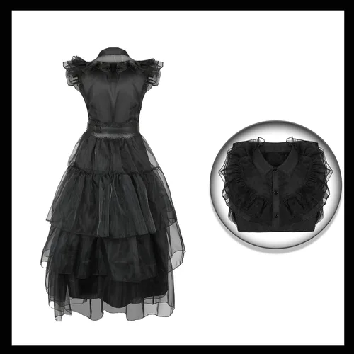 Vista 3 de shyhand Wednesdays Addams - Vestido para niñas y niños, juego de disfraz de miércoles, vestido de baile para cosplay, Halloween