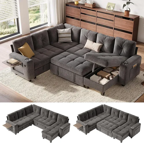 Vista 10 de LINSY HOME Modular Sectional Sofa Bed, Chenille Pull Out Couch 2 Seat Beige