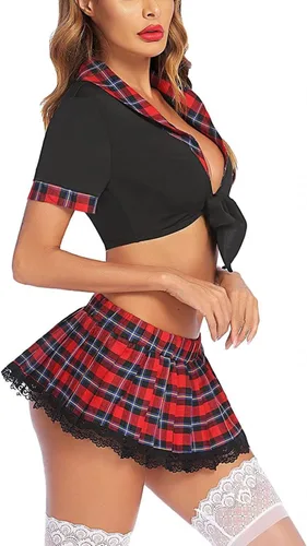 Vista 5 de Conjunto de lencería para mujer con camiseta corta y minifalda a cuadros