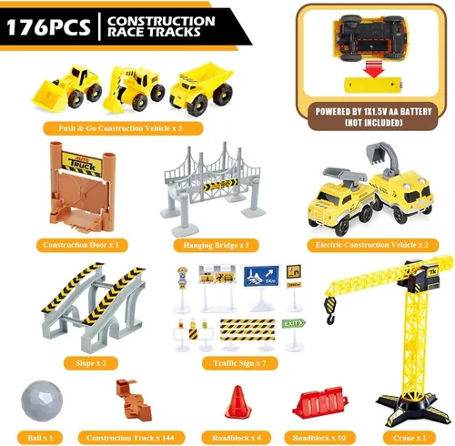 Vista 6 de Juego de pistas de carreras de construcción, pistas de tren flexibles con 2 vehículos eléctricos de carreras de construcción con luces, juguetes