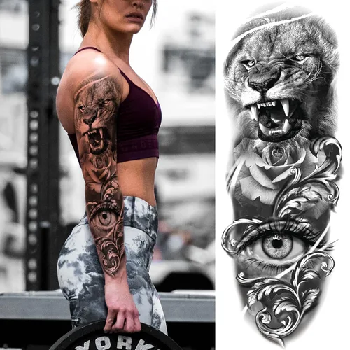 Vista 7 de Mangas temporales de tatuaje de bosque, brazo completo, lobo grande, león, animal, bosque, tribal, tatuajes falsos para hombres, mujeres y adultos