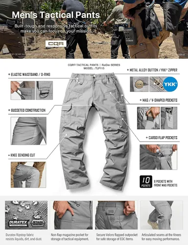 Vista 5 de CQR Pantalones tácticos para hombre, resistentes al agua, pantalones cargo Ripstop, ligeros EDC trabajo, senderismo, ropa para exteriores