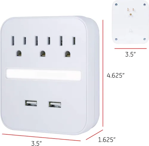 Vista 5 de GE Extensor de 3 salidas Pro de 2 puertos USB con luz nocturna, paquete de 2, protector SurGE , estación de carga, sensor del atardecer al amanecer