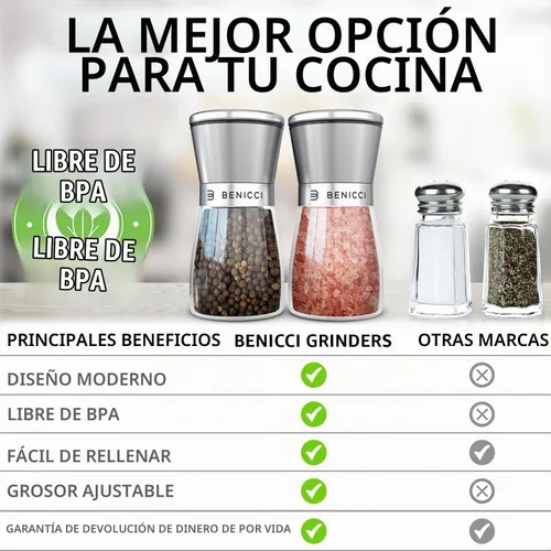 Vista 4 de Hermoso juego de molinillo de sal y pimienta de acero inoxidable de 2 unidades - Molinillo de pimienta y molinillo de sal con grosor ajustable