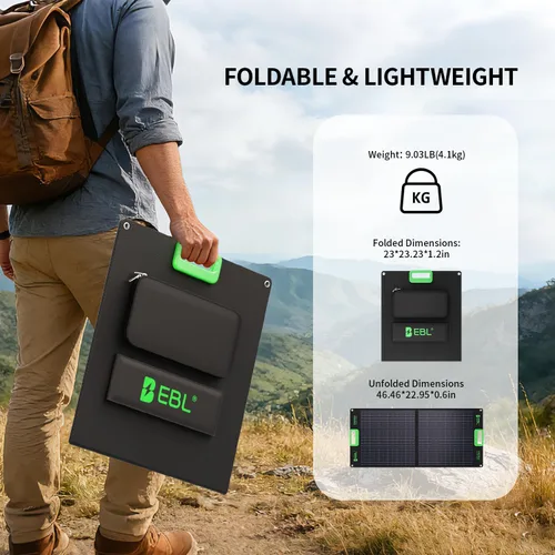 Vista 6 de Panel solar portátil EBL 100W para Jackery/Ecoflow/Bluetti Power Station Foldable Solar Charger w/Kickstands, High Efficiency IP65 Waterproof