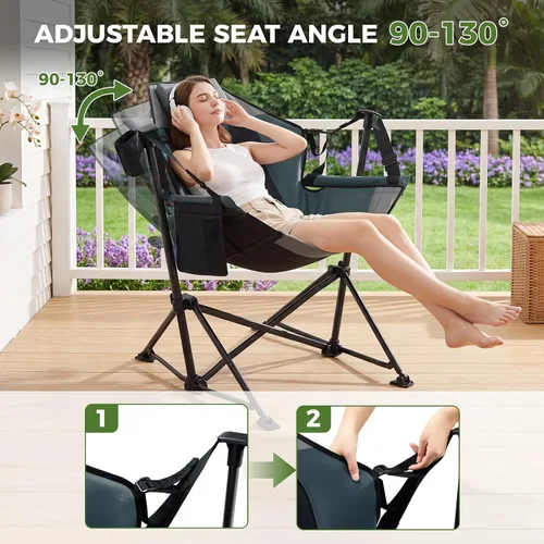 Vista 7 de EVER ADVANCED Hamaca acolchada para camping, silla columpio de gran tamaño resistente con portavasos desmontable, silla mecedora plegable portátil