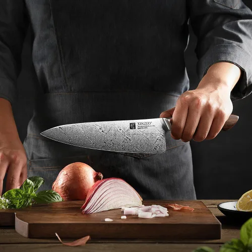 Vista 8 de XINZUO Cuchillo de chef de acero de Damasco de 8.3 pulgadas, 110 capas, cuchillo de cocina profesional forjado a mano, espiga completa, cuchillo
