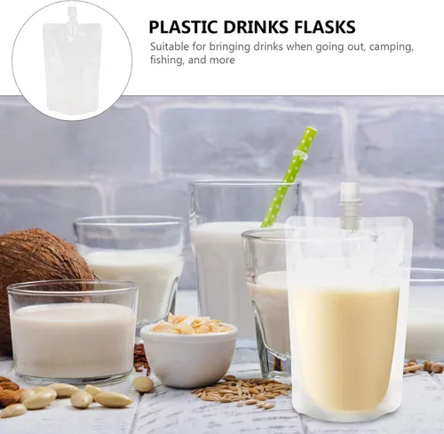 Vista 6 de 50pcs bolsa de plástico 10.6 oz botellas de bebidas desechables contenedor de bebida sacar bebidas bolsas de jugo resellables para viajes al aire