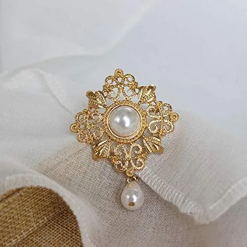 Vista 5 de Broche de filigrana con perlas huecas doradas para mujer, vestido completo, suéter, accesorios retro simples