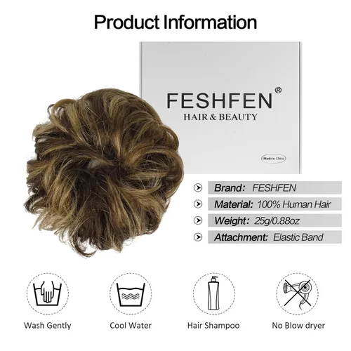 Vista 5 de FESHFEN - Extensiones de moño desordenado humano 100% cabello real, piezas de cabello rizado, extensiones de cola de caballo, cabello ondulado