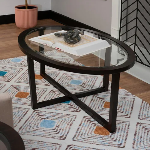 Vista 5 de Powell Marta Umber - Juego de mesa auxiliar y mesa auxiliar de madera marrón con tapa de cristal templado