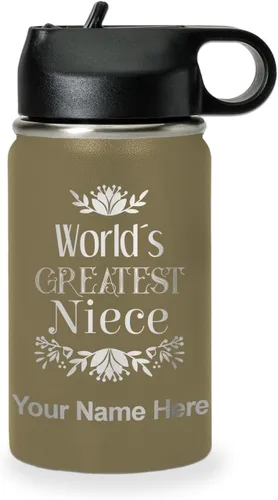Vista 22 de LaserGram Botella de agua con tapa abatible de doble pared de 12 onzas con pajilla, sobrina más grande del mundo, grabado personalizado incluido