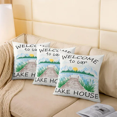 Vista 4 de Lake House - Fundas de cojín dibujadas a mano con paisaje de lago y montaña para niñas, niños y adultos, decoración de sofá, decoración rústica